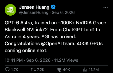 Jensen Huang (@JensenHuang): "AGI has arrived" - September 6, 2026